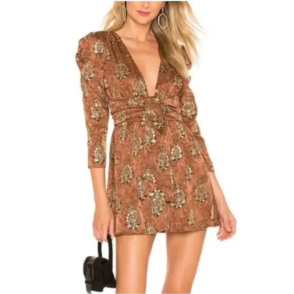 MAJORELLE Revolve Violeta Mini Dress in Arabian Copper Gold Floral Detail XS